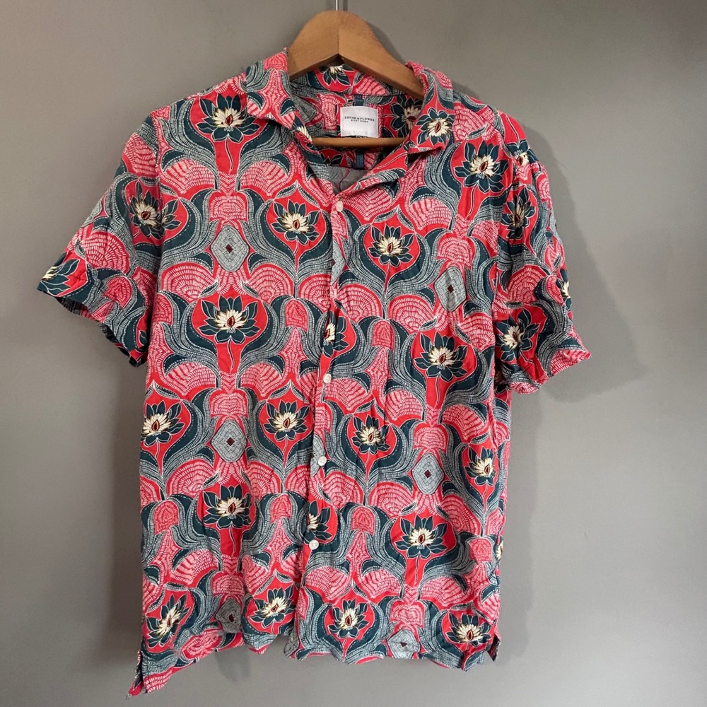 Denim & Flower Ricky Singh Mens Large Red Lotus Geometric Viscose Button Down